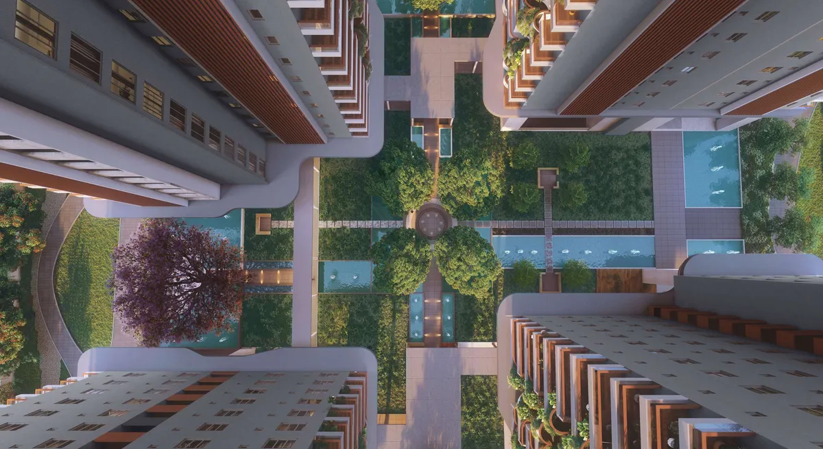 Central courtyard between towers at Namishree Vrindavan